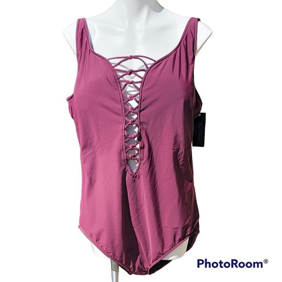 Aqua Green New Currant Red sun blocking lace up one piece swimwear size 26W - Picture 1 of 16
